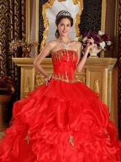 Scarlet Quinceanera Dress Customized With Gold Applique