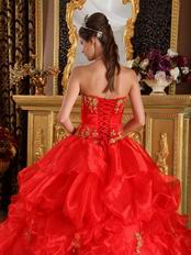 Scarlet Quinceanera Dress Customized With Gold Applique