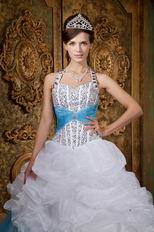 Halter Top White and Blue Quinceanera Dress With Beading