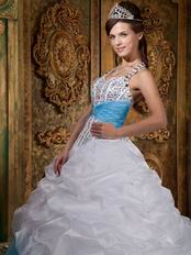 Halter Top White and Blue Quinceanera Dress With Beading