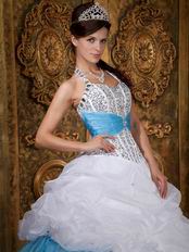 Halter Top White and Blue Quinceanera Dress With Beading