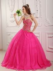 Hot Pink Sweetheart Beaded Quinceanera Gown Princess Wear
