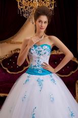 Elegant Trimed White Prom Ball Gown With Azure Blue Applique