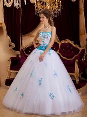 Elegant Trimed White Prom Ball Gown With Azure Blue Applique