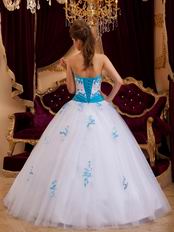 Elegant Trimed White Prom Ball Gown With Azure Blue Applique