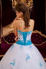 Elegant Trimed White Prom Ball Gown With Azure Blue Applique