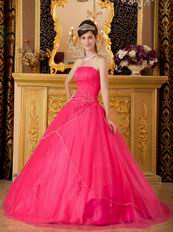 Girls In Deep Pink Quinceanera Dress With Crystals Decorate