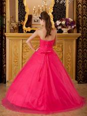 Girls In Deep Pink Quinceanera Dress With Crystals Decorate