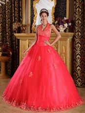 Coral Red Quinceanera Dress Design With Appliqued Halter Ball Gown