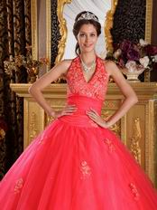 Coral Red Quinceanera Dress Design With Appliqued Halter Ball Gown