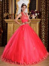 Coral Red Quinceanera Dress Design With Appliqued Halter Ball Gown