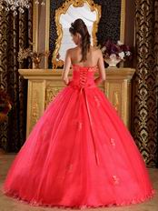 Coral Red Quinceanera Dress Design With Appliqued Halter Ball Gown