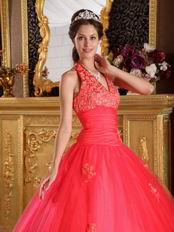 Coral Red Quinceanera Dress Design With Appliqued Halter Ball Gown