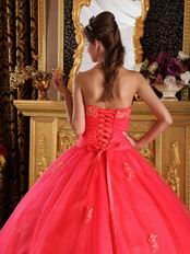 Coral Red Quinceanera Dress Design With Appliqued Halter Ball Gown