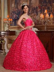 Rolled Fabric Flowers Deep Pink Girls Wear Quinceanera Dress