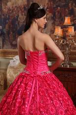 Rolled Fabric Flowers Deep Pink Girls Wear Quinceanera Dress