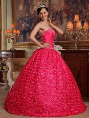 Rolled Fabric Flowers Deep Pink Girls Wear Quinceanera Dress