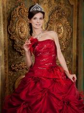 Strapless Wine Red Dress to Quinceanera With Feather Flowers