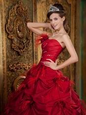 Strapless Wine Red Dress to Quinceanera With Feather Flowers