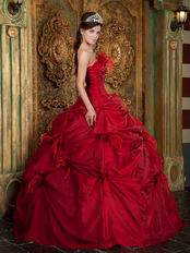 Strapless Wine Red Dress to Quinceanera With Feather Flowers