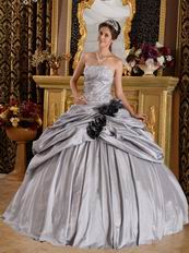 Black Handmade Flowers Quinceanera Dress Gray Taffeta