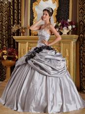 Black Handmade Flowers Quinceanera Dress Gray Taffeta