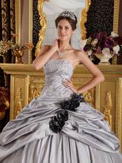 Black Handmade Flowers Quinceanera Dress Gray Taffeta