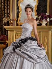 Black Handmade Flowers Quinceanera Dress Gray Taffeta