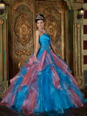 Orange Pink and Azure Contrast Cascade Skirt Quinceanera Dress