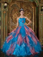 Orange Pink and Azure Contrast Cascade Skirt Quinceanera Dress