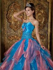 Orange Pink and Azure Contrast Cascade Skirt Quinceanera Dress