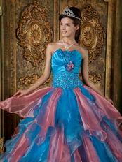 Orange Pink and Azure Contrast Cascade Skirt Quinceanera Dress