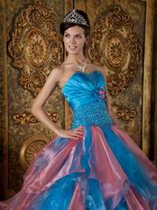 Orange Pink and Azure Contrast Cascade Skirt Quinceanera Dress