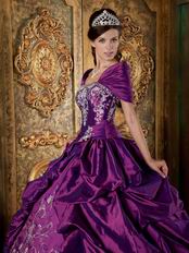 Strapless Purple Embroidered Quinceanera Gown With Shawl