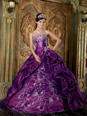Strapless Purple Embroidered Quinceanera Gown With Shawl