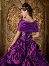 Strapless Purple Embroidered Quinceanera Gown With Shawl