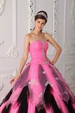 Hot Pink And Black Cascade Skirt Lovely Quinceanera Dress