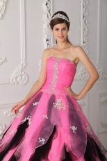 Hot Pink And Black Cascade Skirt Lovely Quinceanera Dress
