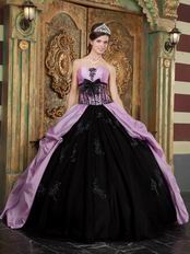 Strapless Appliqued Puffy Quinceanera Gown Lilac And Black