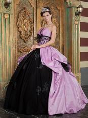 Strapless Appliqued Puffy Quinceanera Gown Lilac And Black