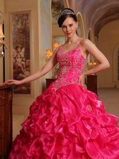 Spaghetti Straps Hot Pink 2014 Embroidery Quinceanera Dress