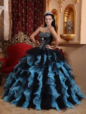 Aqua And Black Ruffled Skirt Designer Winter Quinceanera Dress