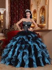 Aqua And Black Ruffled Skirt Designer Winter Quinceanera Dress