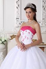 Deep Pink Embroidery And Bordure White Evening Ball Dress