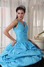 V Neckline Cheap Sky Blue Quinceanera Dress With Black