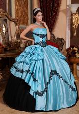 Light Sky Blue Quinceanera Dress With Black Applique