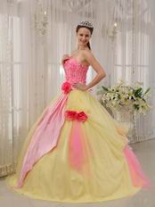 Strapless Daffodil Skirt Quinceanera Dress With Pink Flowers