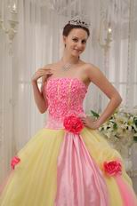 Strapless Daffodil Skirt Quinceanera Dress With Pink Flowers