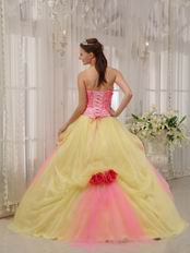 Strapless Daffodil Skirt Quinceanera Dress With Pink Flowers