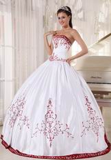 White Quinceanera Dress With Wine Red Embroidery Details